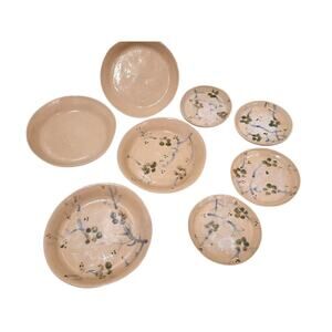 8 Pottery SUSHI PLATES Hand Painted Oriental CHERRY BLOSSOM Asian Party Set